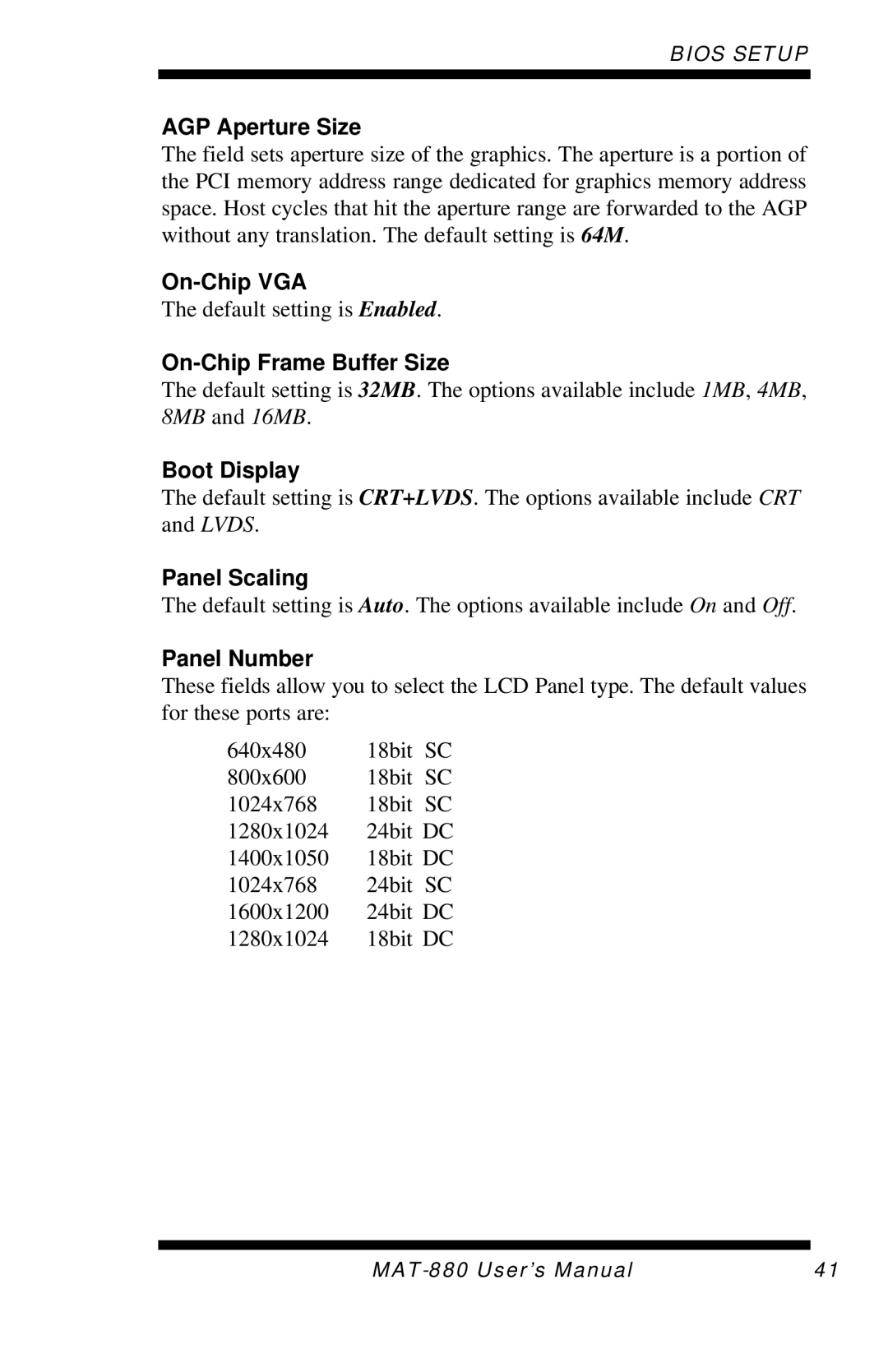 Intel MAT-880 AGP Aperture Size, On-Chip VGA, On-Chip Frame Buffer Size, Boot Display, Panel Scaling, Panel Number 