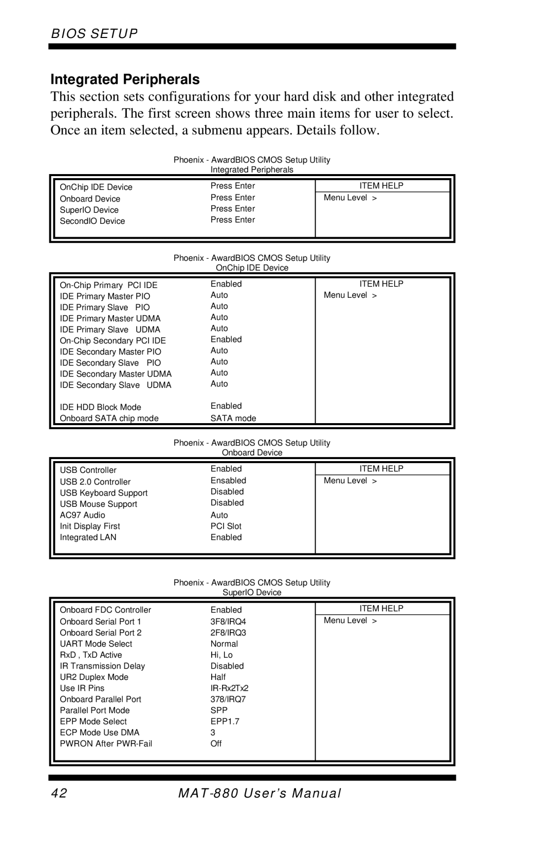 Intel MAT-880 user manual Integrated Peripherals 