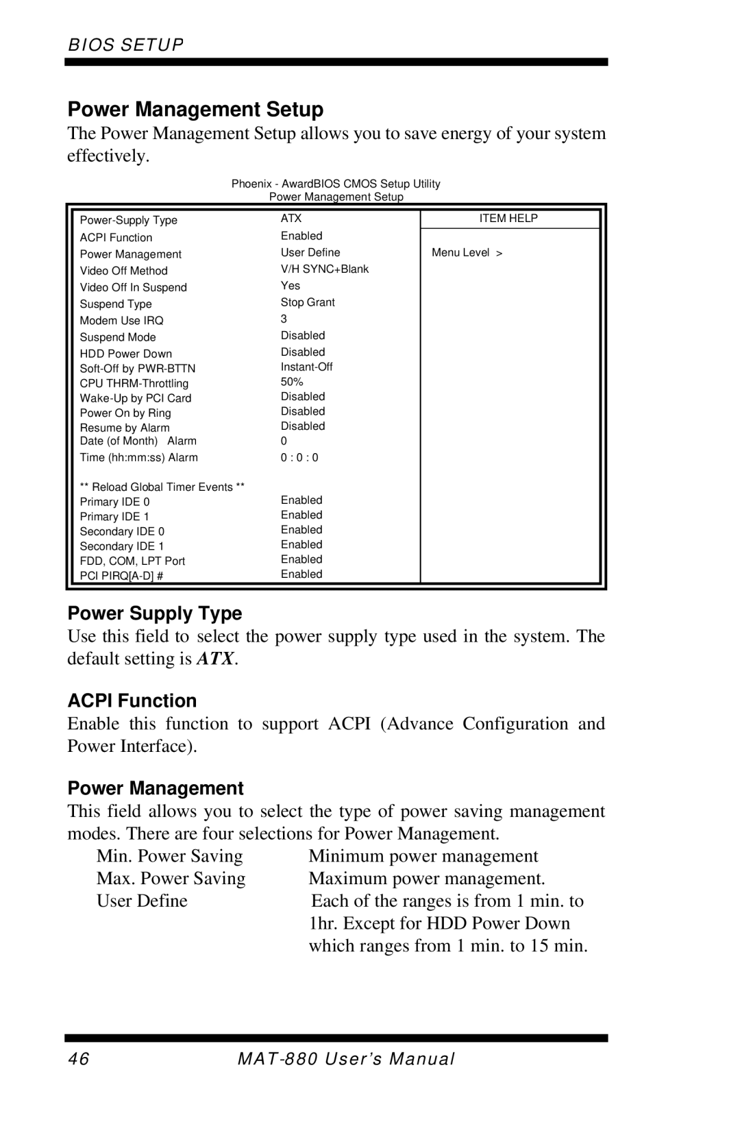 Intel MAT-880 user manual Power Management Setup, Power Supply Type, Acpi Function 