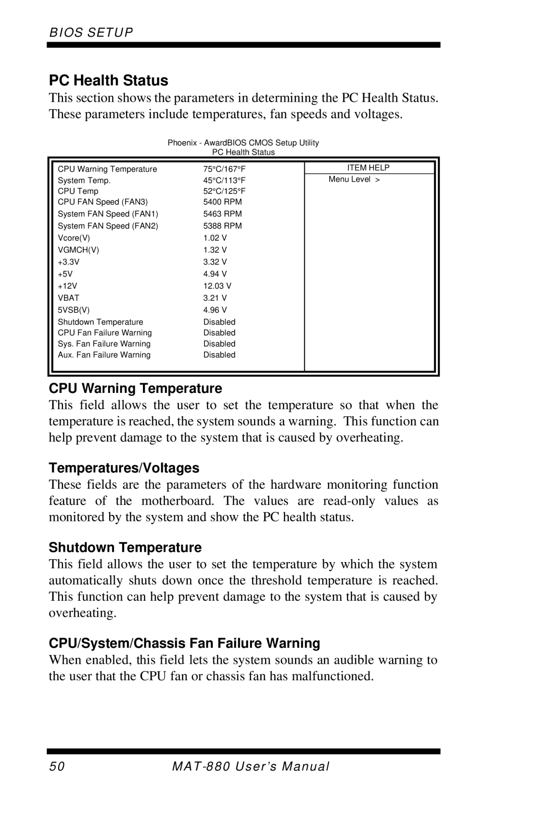 Intel MAT-880 user manual PC Health Status, CPU Warning Temperature, Temperatures/Voltages, Shutdown Temperature 