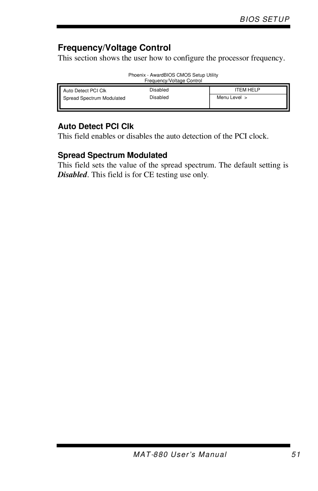 Intel MAT-880 user manual Frequency/Voltage Control, Auto Detect PCI Clk, Spread Spectrum Modulated 