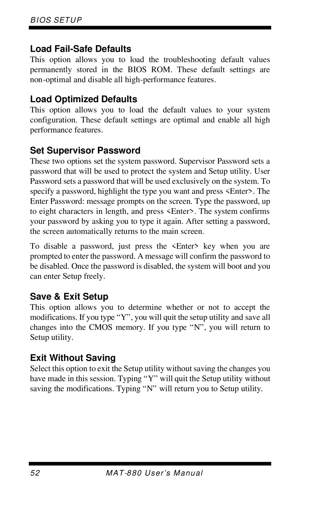 Intel MAT-880 user manual Load Fail-Safe Defaults, Load Optimized Defaults, Set Supervisor Password, Save & Exit Setup 