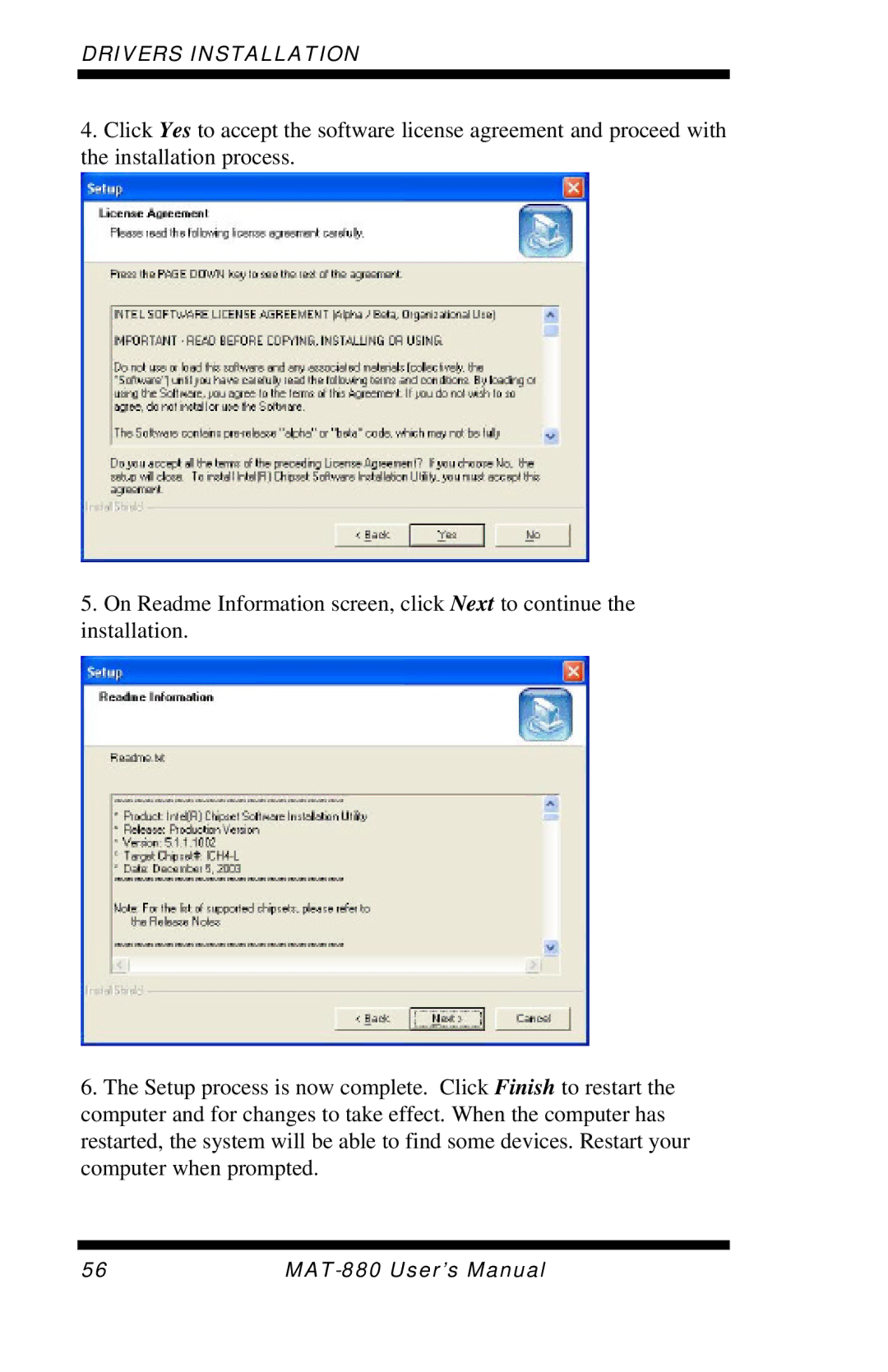 Intel MAT-880 user manual Drivers Installation 