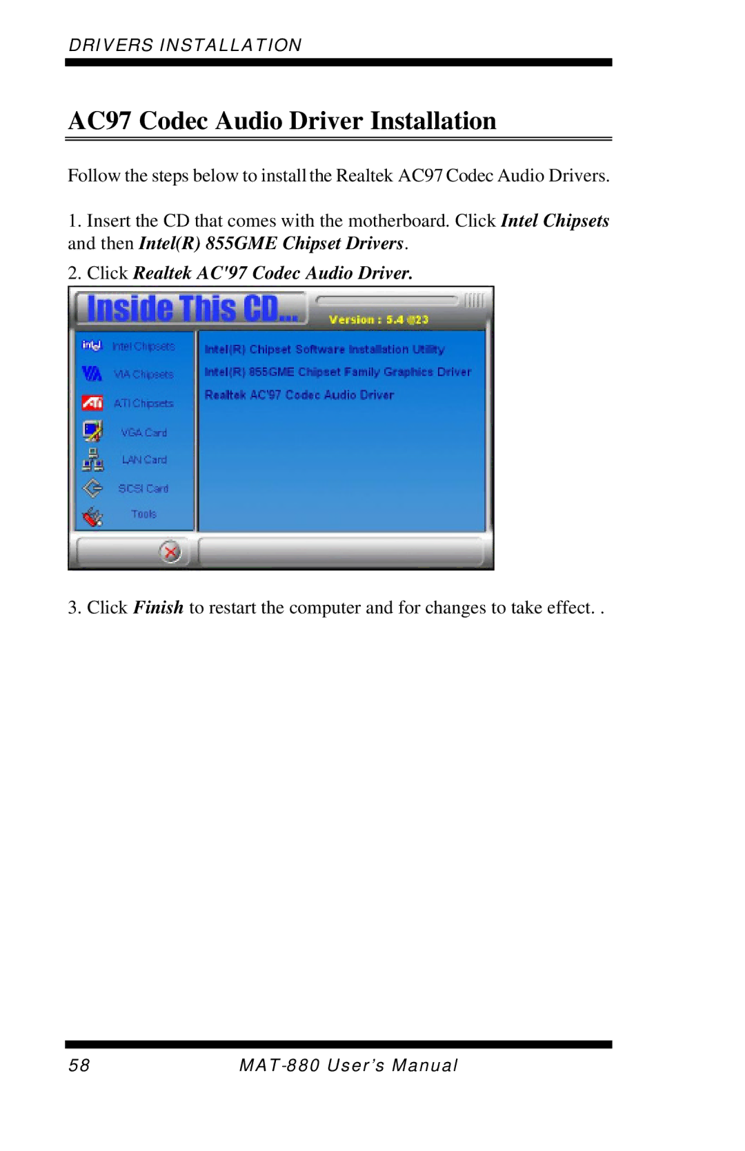 Intel MAT-880 user manual AC97 Codec Audio Driver Installation, Click Realtek AC97 Codec Audio Driver 