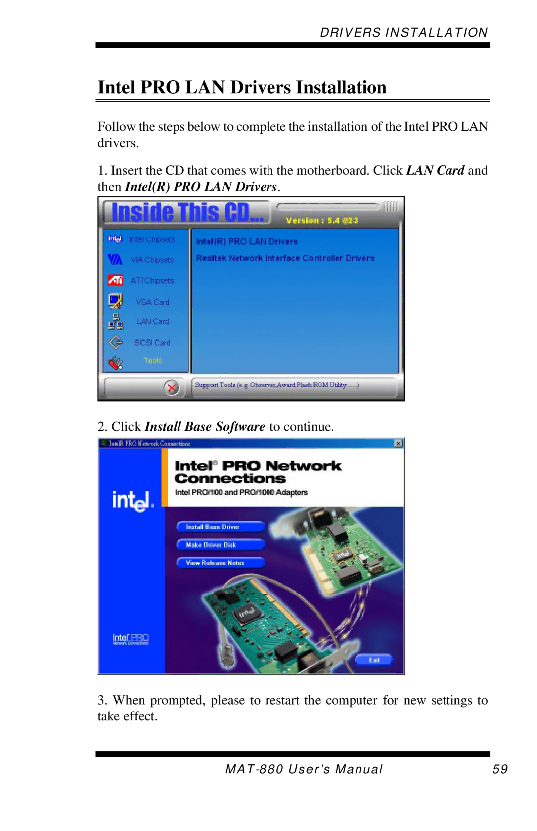 Intel MAT-880 user manual Intel PRO LAN Drivers Installation, Click Install Base Software to continue 