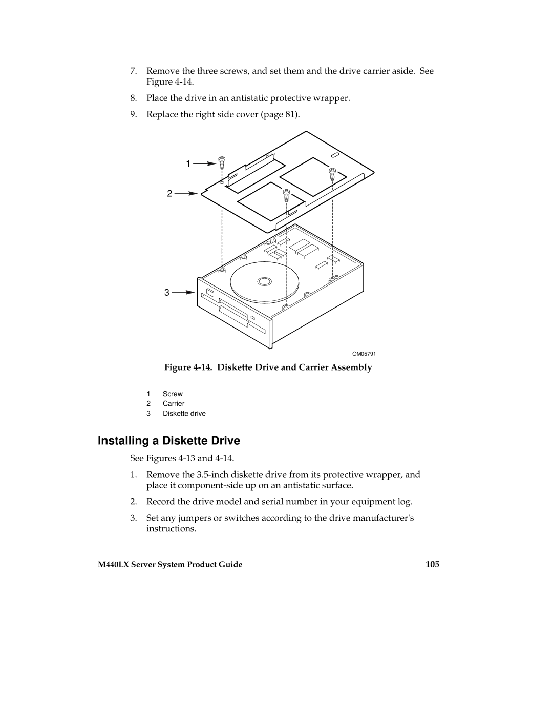 Intel MB440LX manual Installing a Diskette Drive, 105 