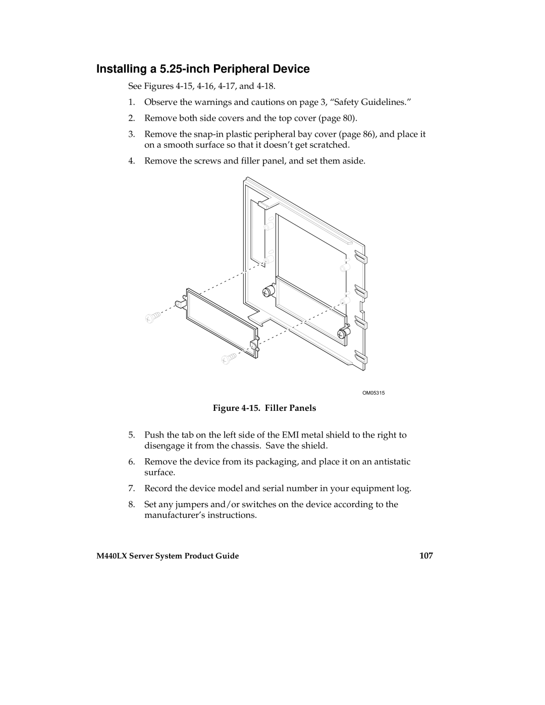 Intel MB440LX manual Installing a 5.25-inch Peripheral Device, 107 