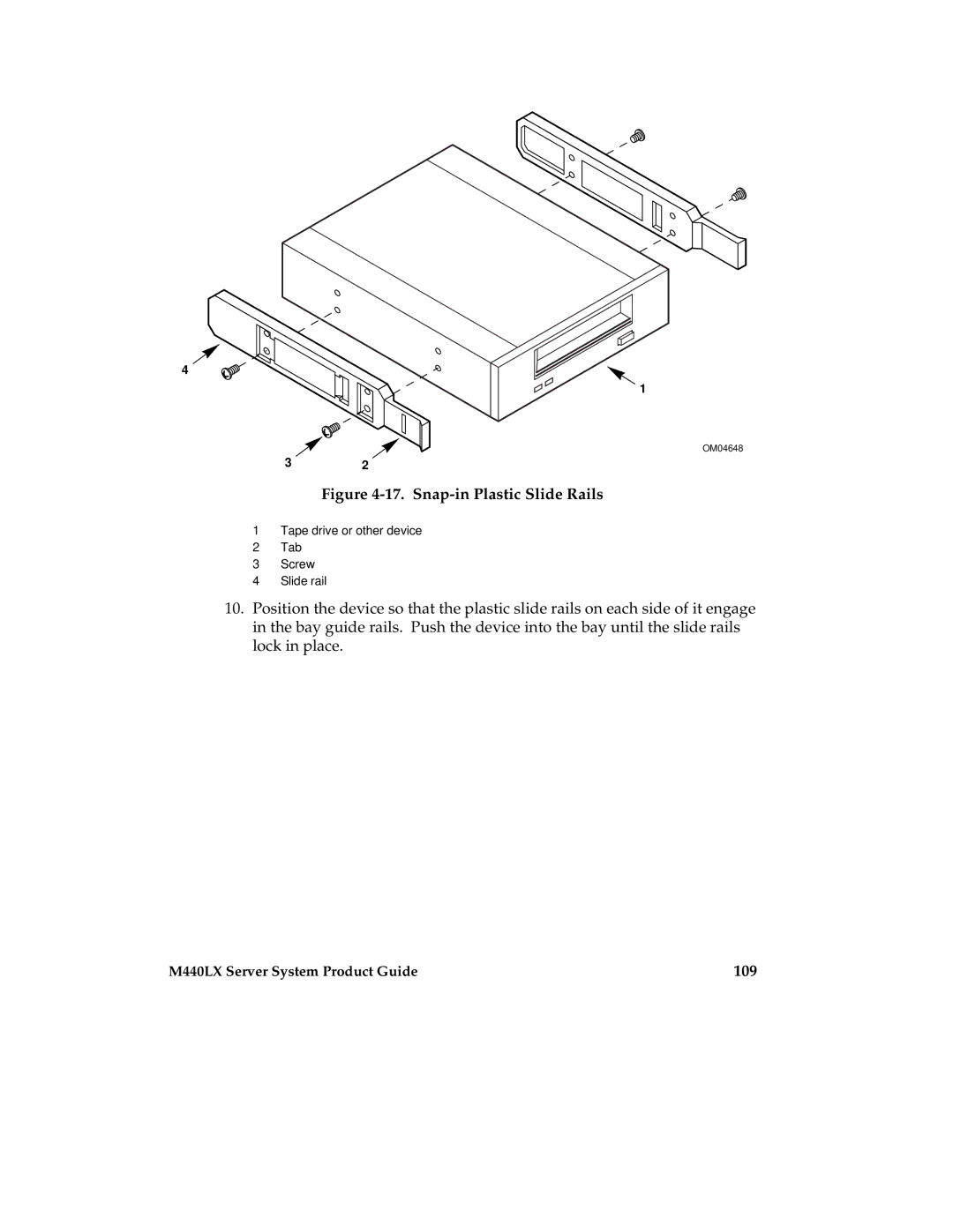 Intel MB440LX manual Snap-in Plastic Slide Rails, 109 