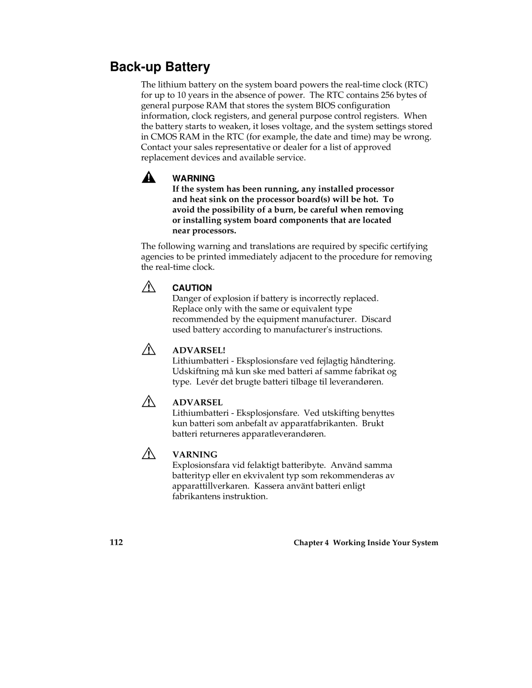 Intel MB440LX manual Back-up Battery, Varning 