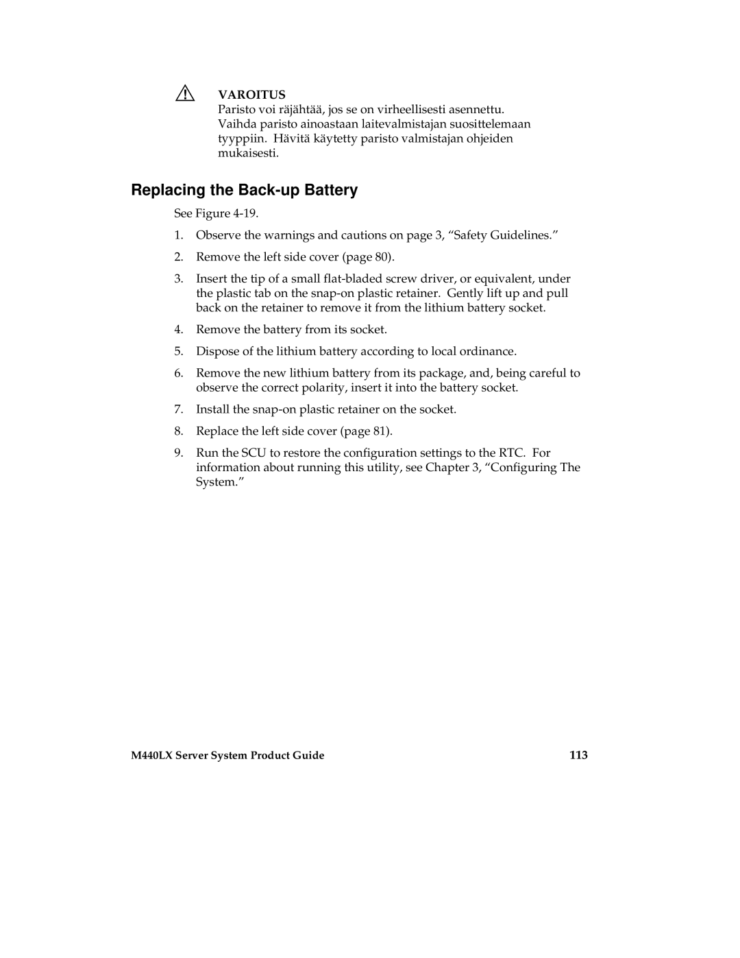 Intel MB440LX manual Replacing the Back-up Battery, 113 