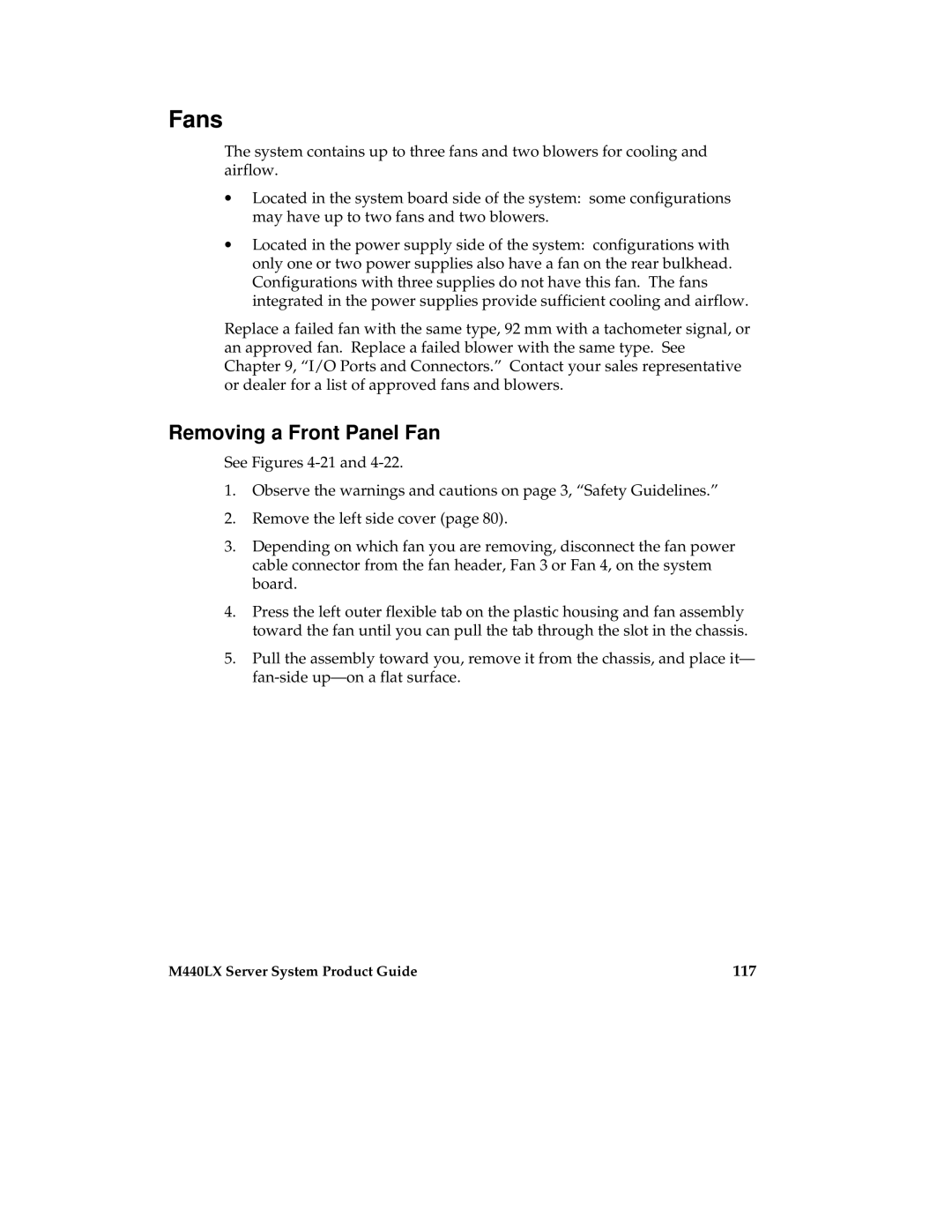 Intel MB440LX manual Fans, Removing a Front Panel Fan, 117 