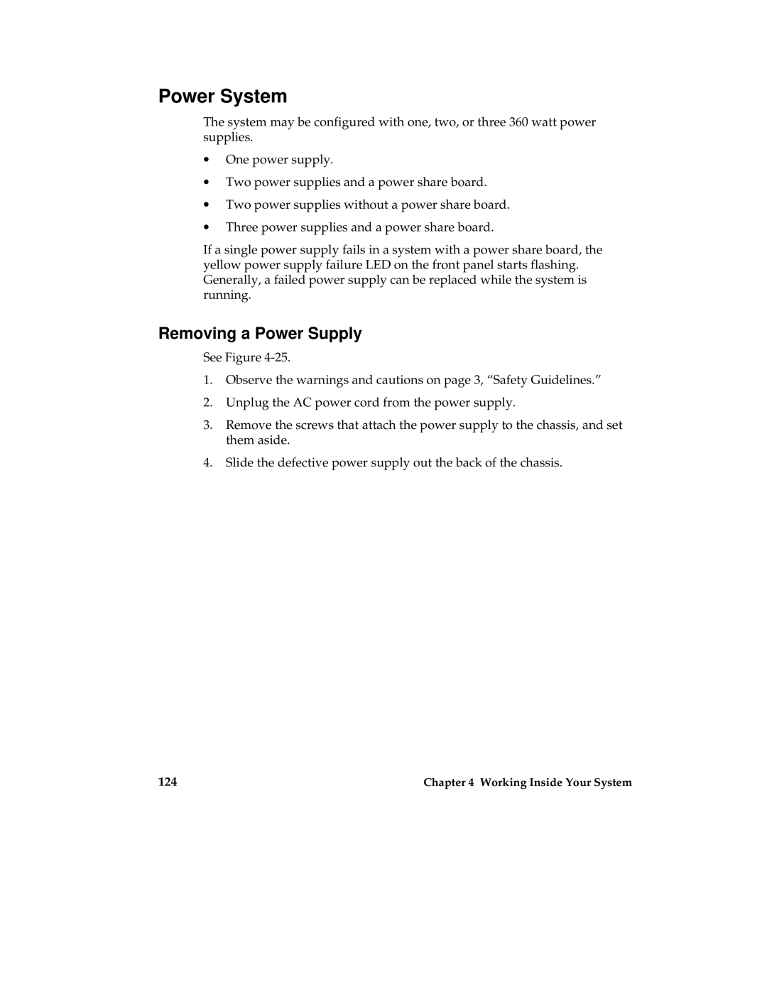 Intel MB440LX manual Power System, Removing a Power Supply 