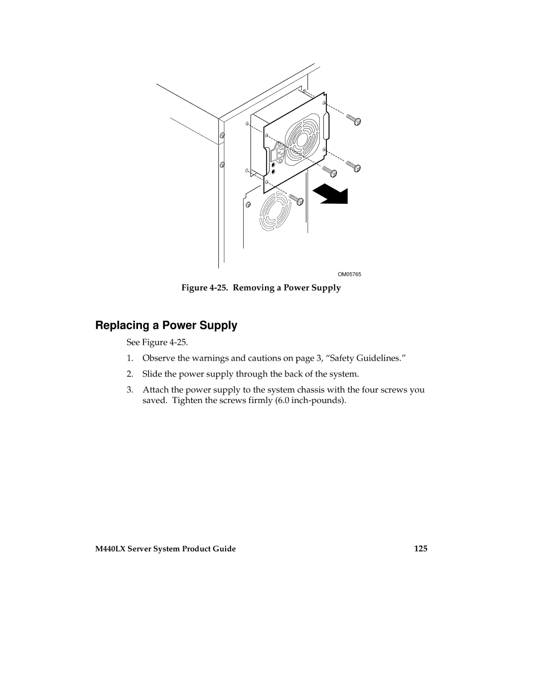 Intel MB440LX manual Replacing a Power Supply, 125 