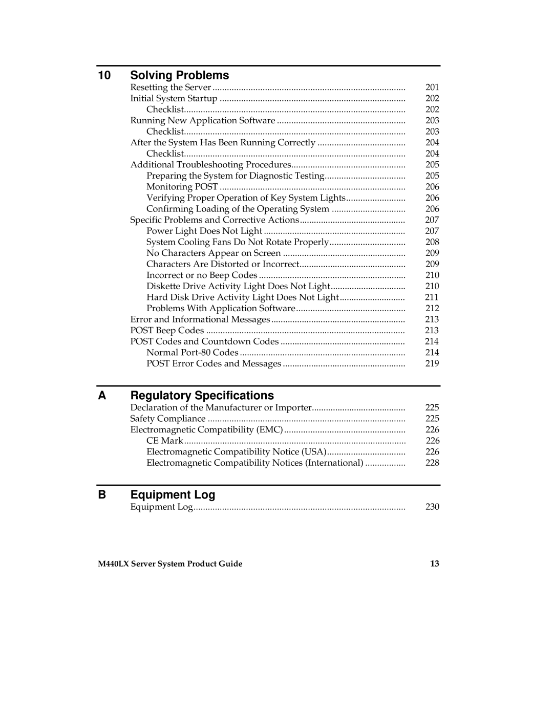 Intel MB440LX manual Solving Problems, Regulatory Specifications, Equipment Log 