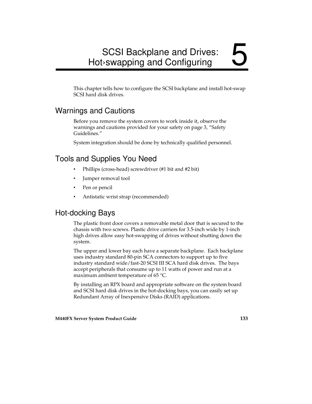Intel MB440LX Scsi Backplane and Drives Hot-swapping and Configuring, Tools and Supplies You Need, Hot-docking Bays, 133 