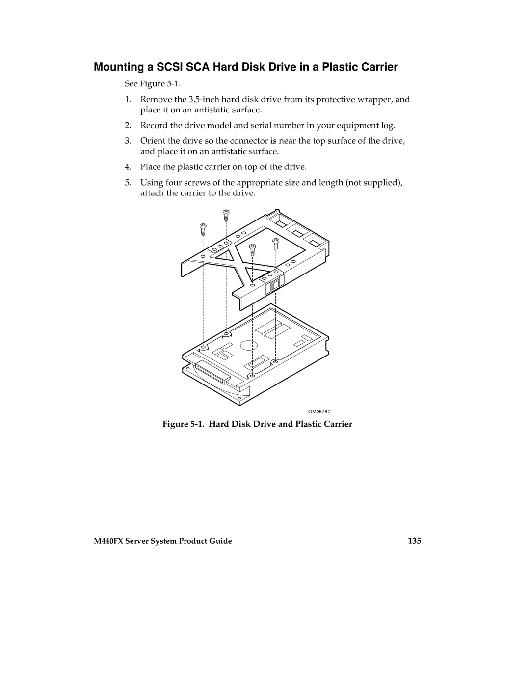 Intel MB440LX manual Mounting a Scsi SCA Hard Disk Drive in a Plastic Carrier, 135 