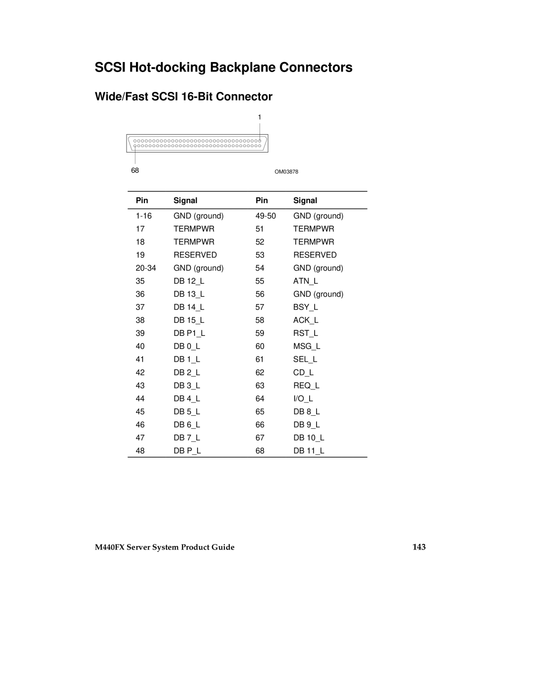 Intel MB440LX manual Scsi Hot-docking Backplane Connectors, Wide/Fast Scsi 16-Bit Connector, 143, Pin Signal 