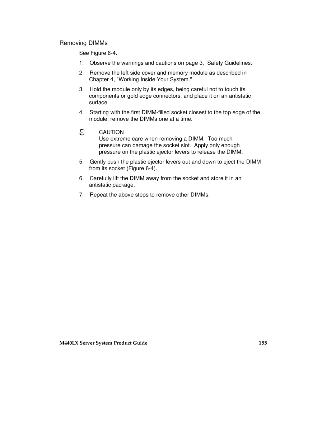 Intel MB440LX manual Removing DIMMs, 155 