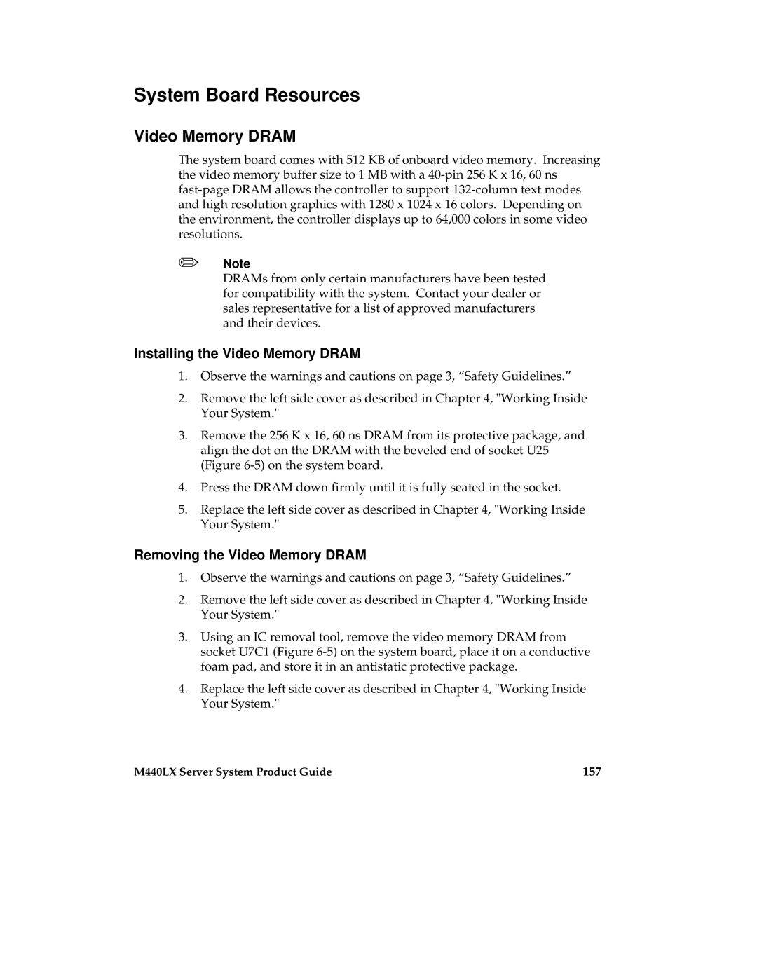 Intel MB440LX manual System Board Resources, Installing the Video Memory Dram, Removing the Video Memory Dram, 157 