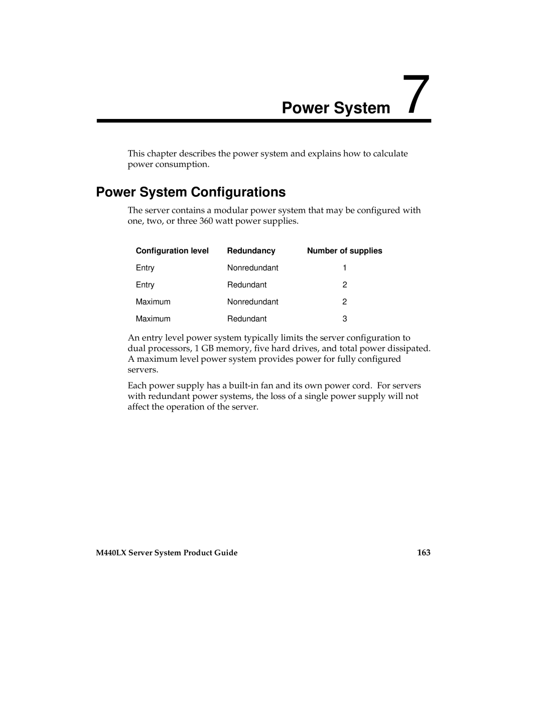 Intel MB440LX manual Power System Configurations, 163, Configuration level Redundancy Number of supplies 