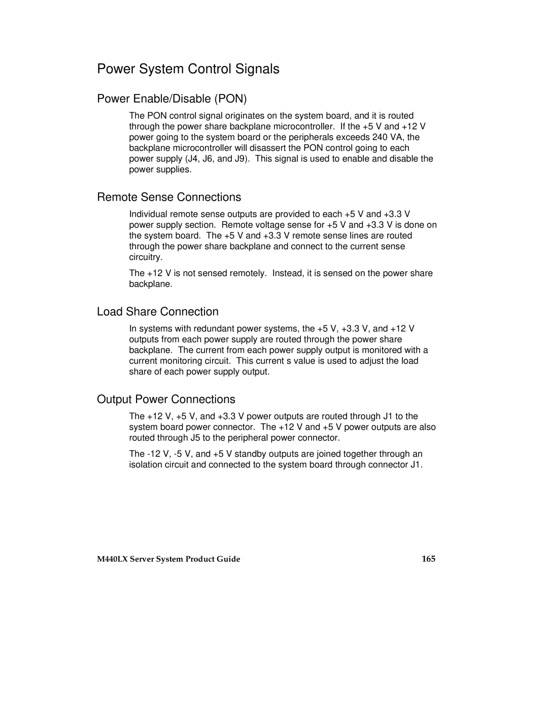 Intel MB440LX Power System Control Signals, Power Enable/Disable PON, Remote Sense Connections, Load Share Connection 