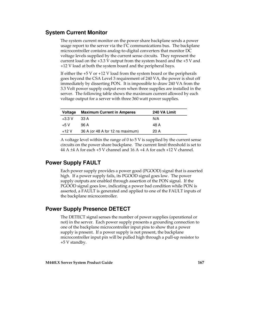 Intel MB440LX manual System Current Monitor, Power Supply Fault, Power Supply Presence Detect, 167 