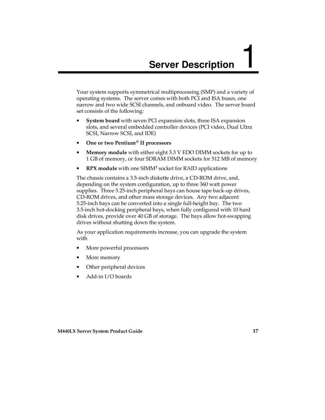 Intel MB440LX manual Server Description, ∙ One or two Pentium II processors 