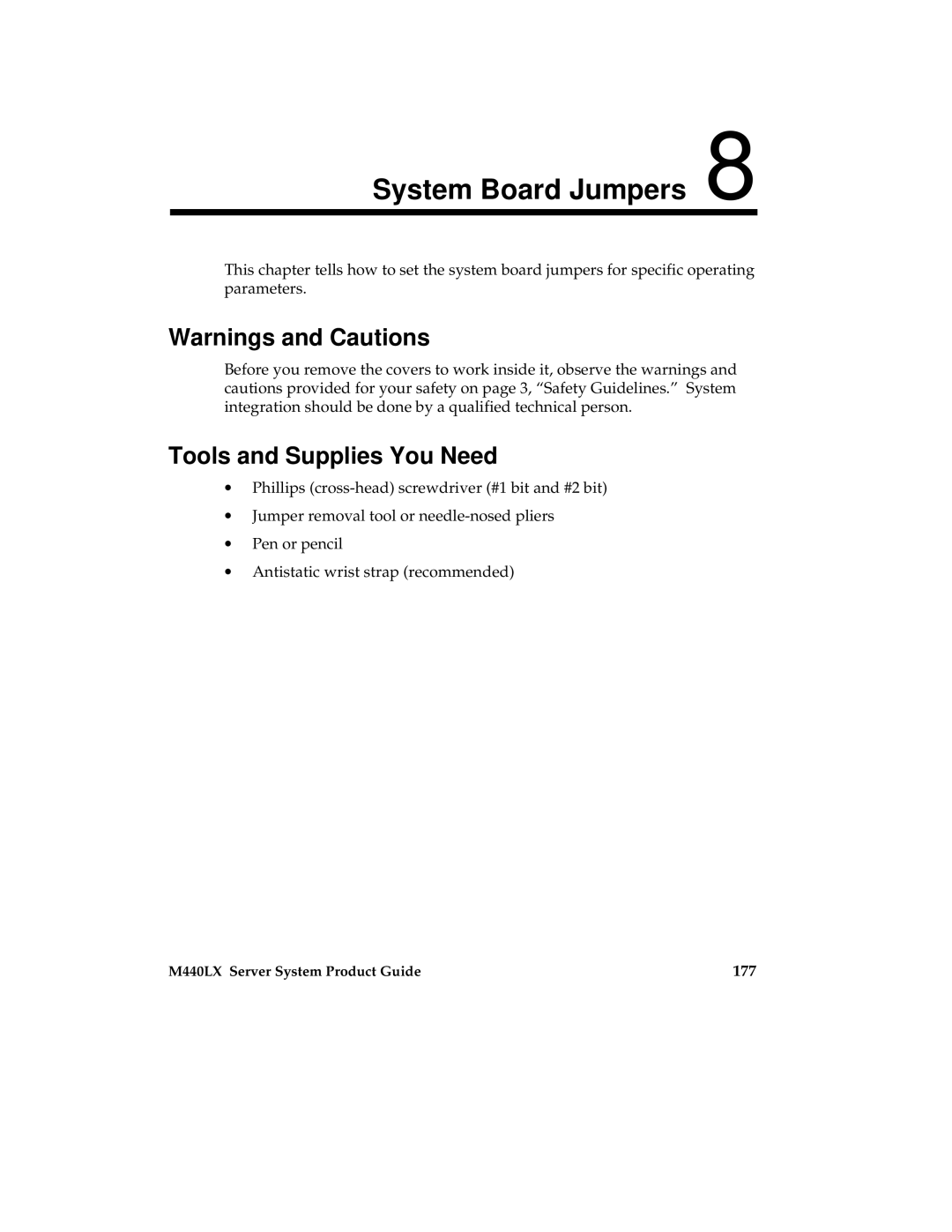 Intel MB440LX manual System Board Jumpers, 177 