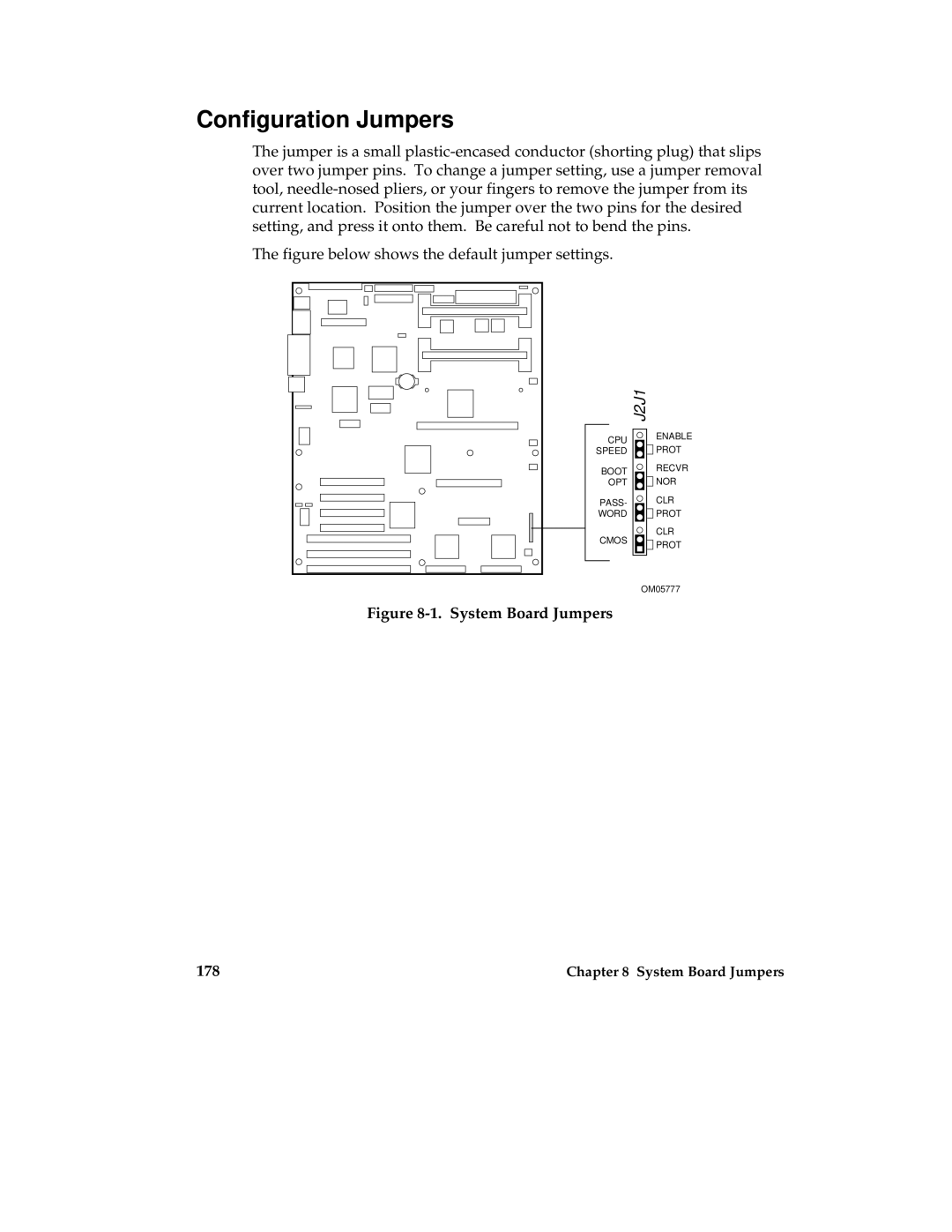 Intel MB440LX manual Configuration Jumpers, System Board Jumpers 