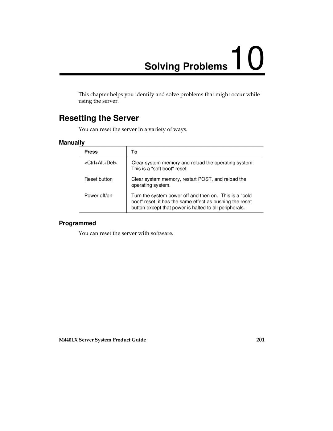 Intel MB440LX manual Solving Problems, Resetting the Server, Manually, Programmed, 201 