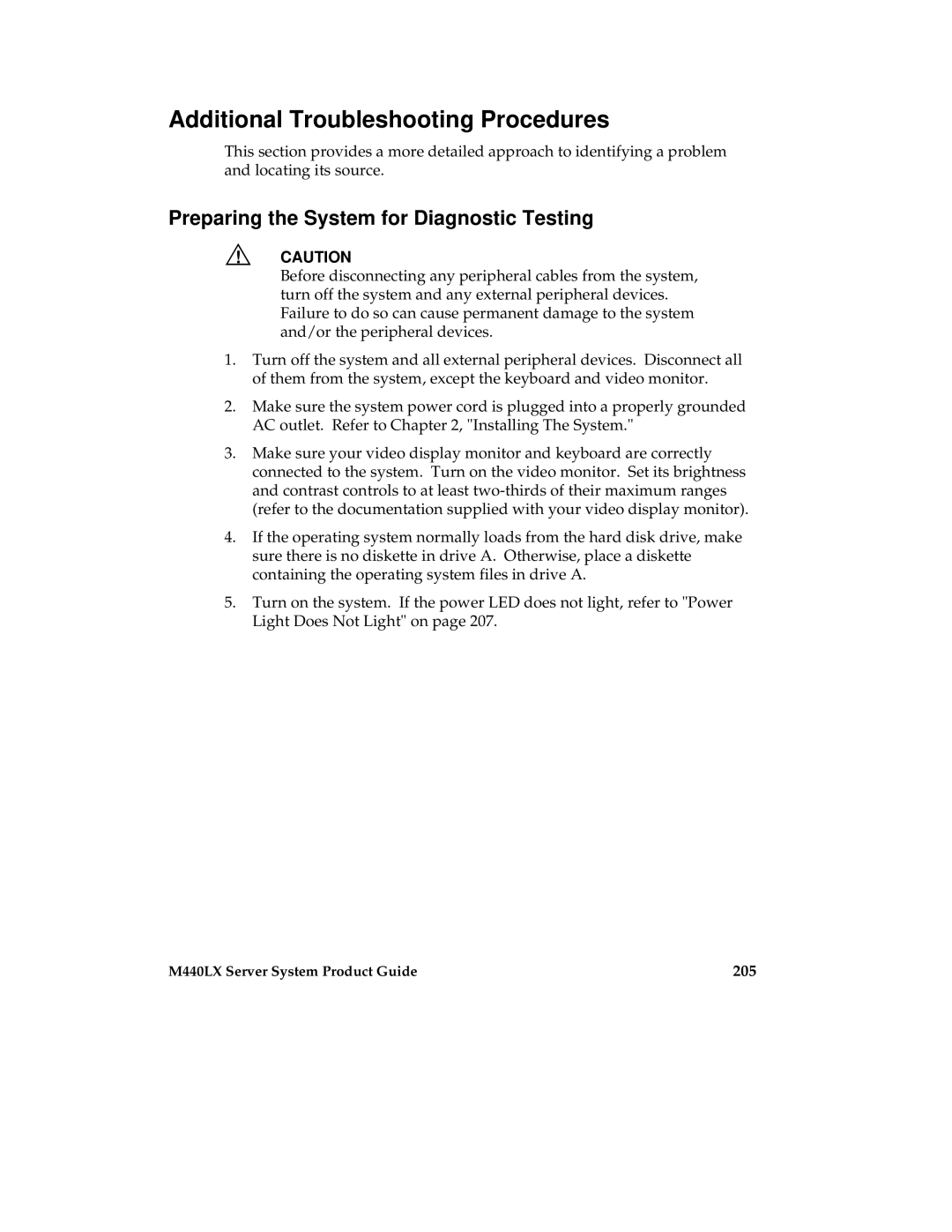 Intel MB440LX manual Additional Troubleshooting Procedures, Preparing the System for Diagnostic Testing, 205 