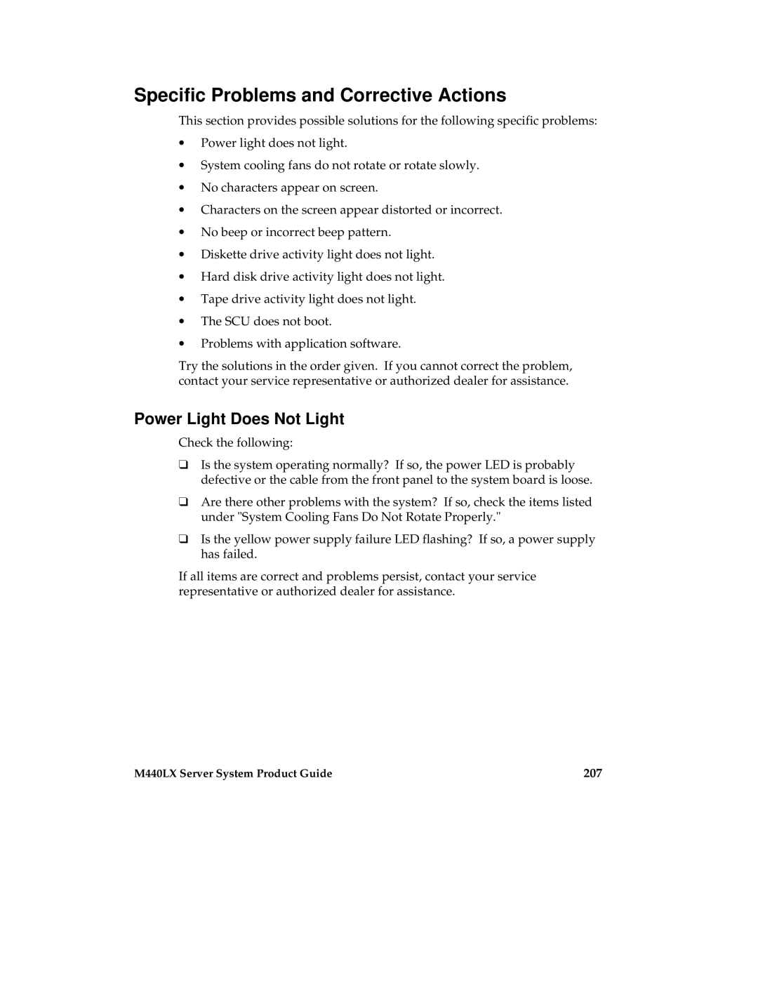 Intel MB440LX manual Specific Problems and Corrective Actions, Power Light Does Not Light, 207 