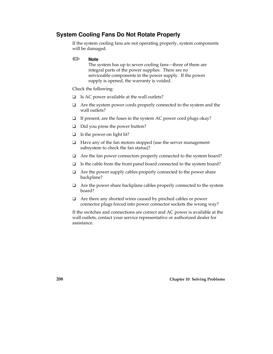 Intel MB440LX manual System Cooling Fans Do Not Rotate Properly 