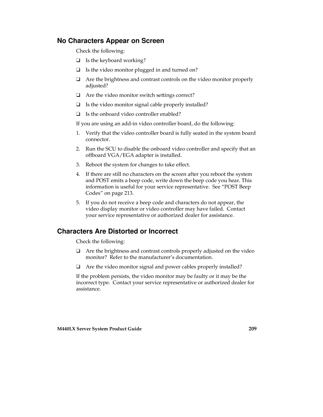 Intel MB440LX manual No Characters Appear on Screen, Characters Are Distorted or Incorrect, 209 