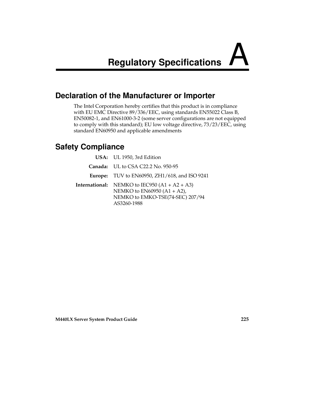 Intel MB440LX manual Regulatory Specifications a, Declaration of the Manufacturer or Importer, Safety Compliance, 225 