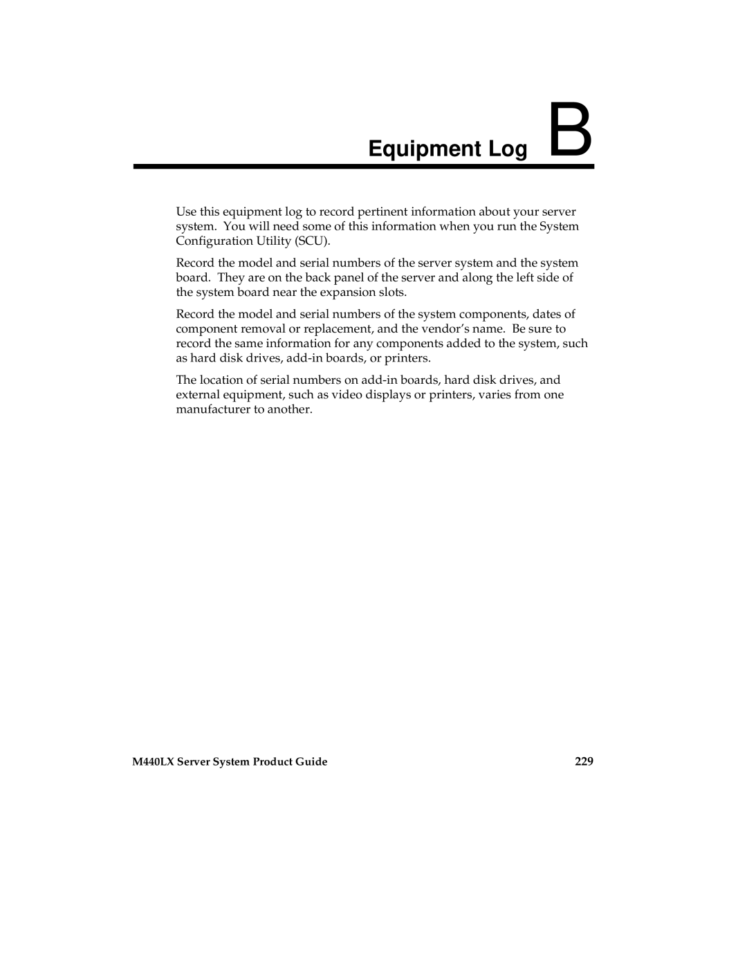 Intel MB440LX manual Equipment Log B, 229 