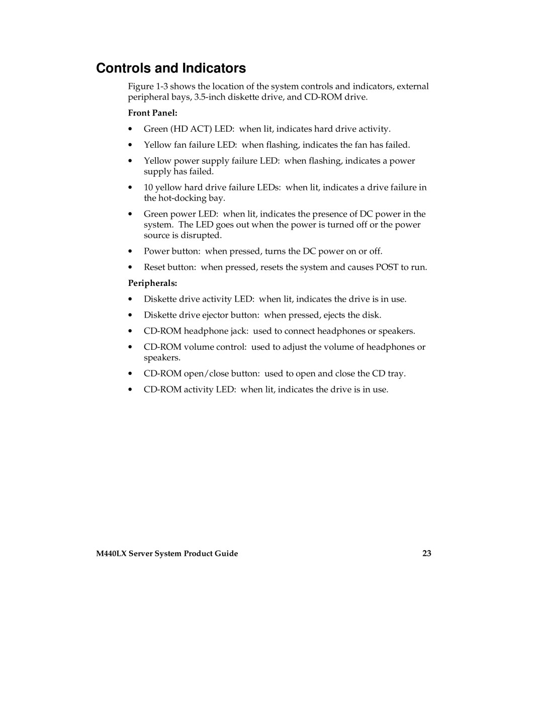 Intel MB440LX manual Controls and Indicators, Front Panel, Peripherals 