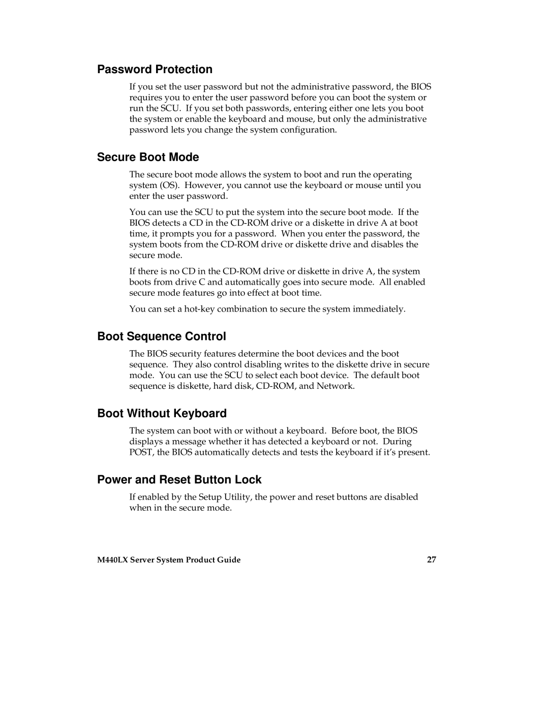 Intel MB440LX manual Password Protection, Secure Boot Mode, Boot Sequence Control, Boot Without Keyboard 