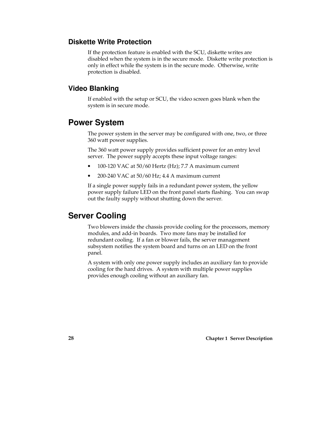 Intel MB440LX manual Power System, Server Cooling, Diskette Write Protection, Video Blanking 