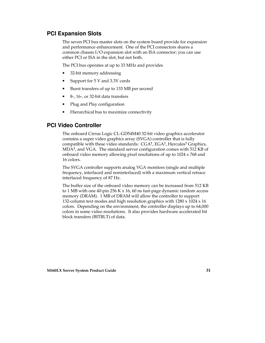 Intel MB440LX manual PCI Expansion Slots, PCI Video Controller 