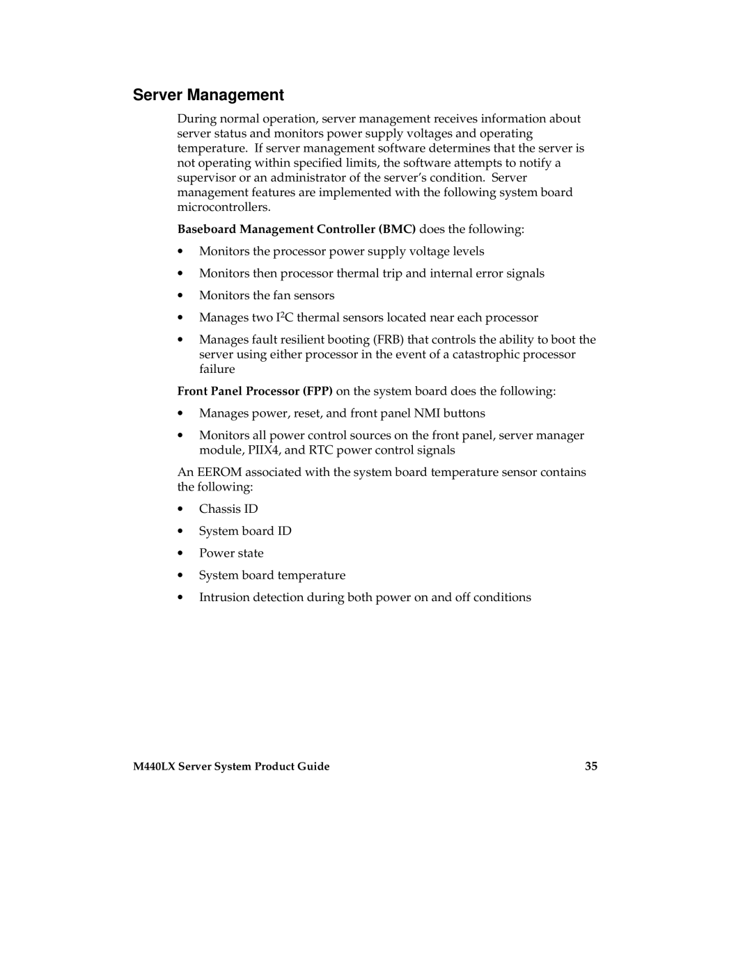 Intel MB440LX manual Server Management, Baseboard Management Controller BMC does the following 