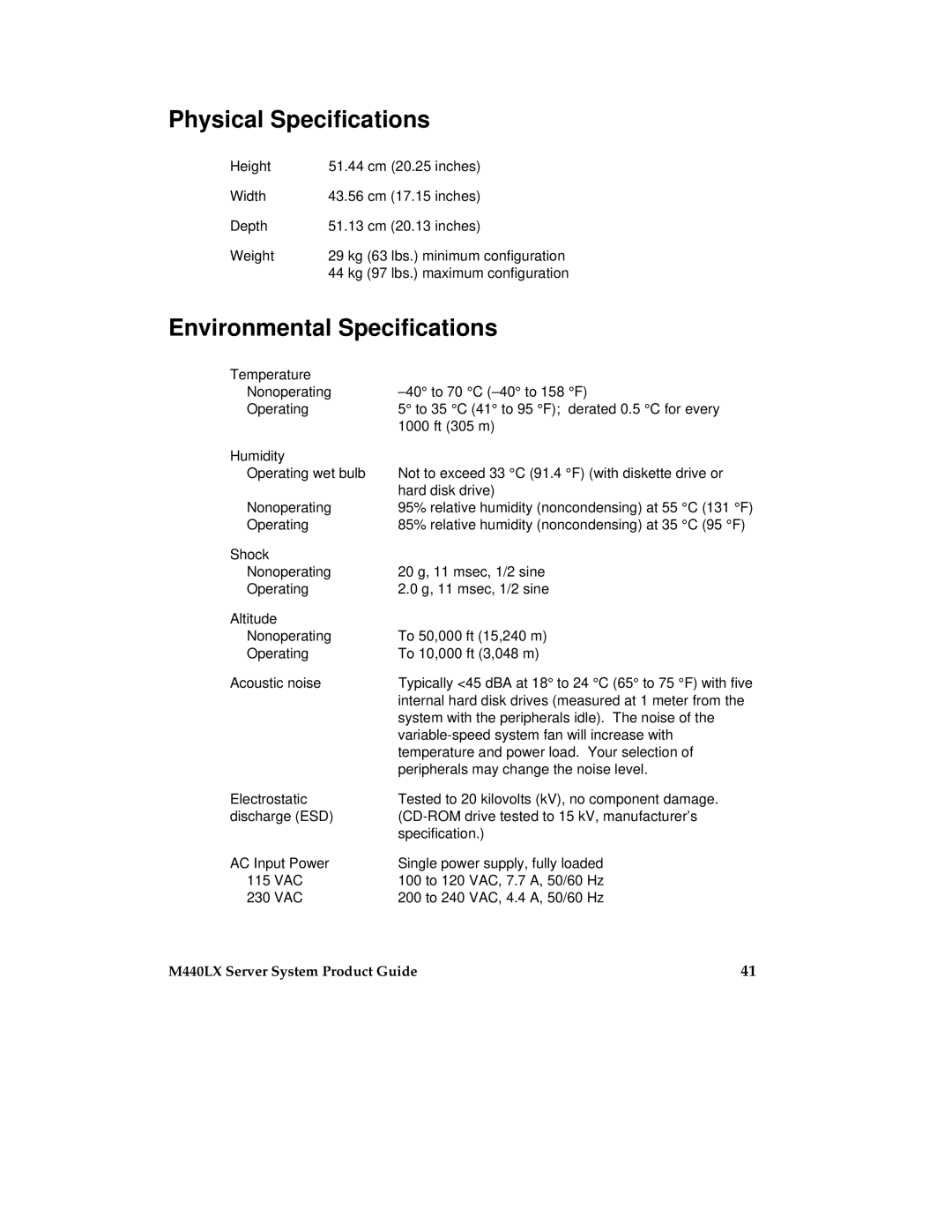 Intel MB440LX manual Physical Specifications, Environmental Specifications 