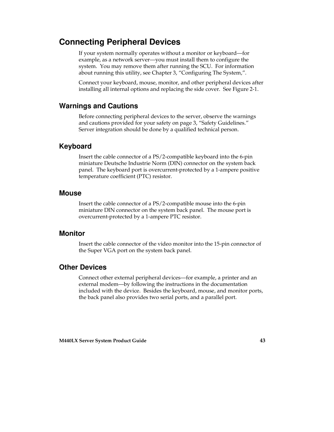 Intel MB440LX manual Connecting Peripheral Devices, Keyboard, Mouse, Monitor, Other Devices 