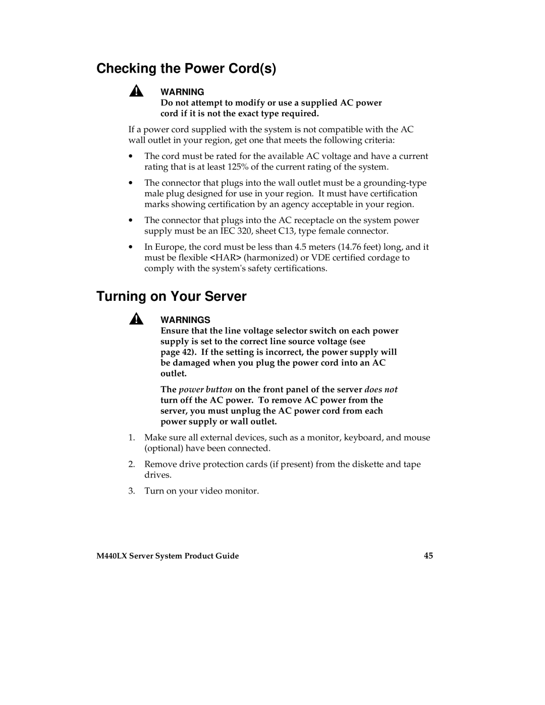 Intel MB440LX manual Checking the Power Cords, Turning on Your Server 