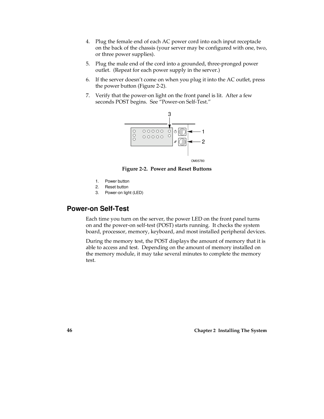 Intel MB440LX manual Power-on Self-Test, Power and Reset Buttons 