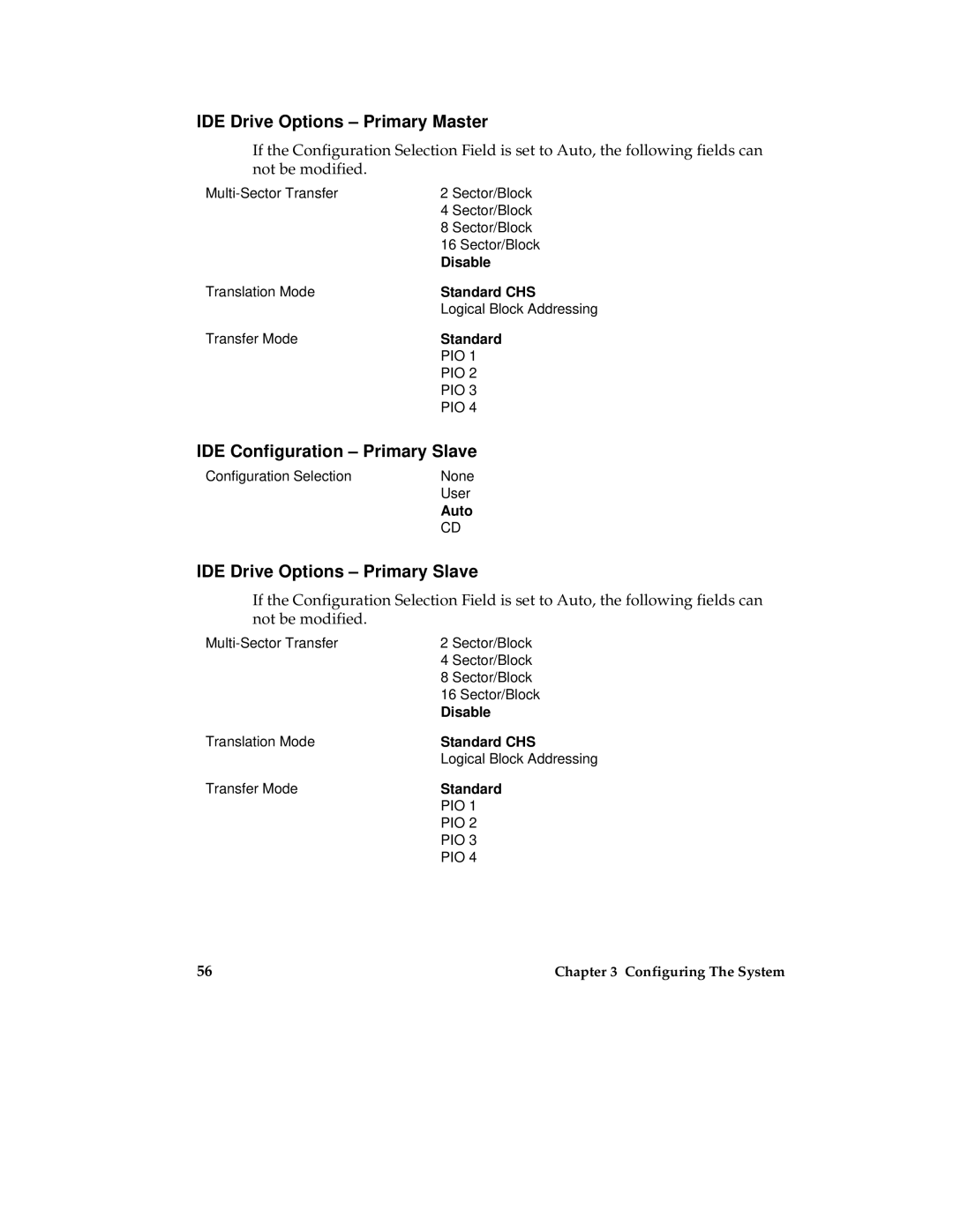 Intel MB440LX IDE Drive Options Primary Master, IDE Configuration Primary Slave, IDE Drive Options Primary Slave, Standard 