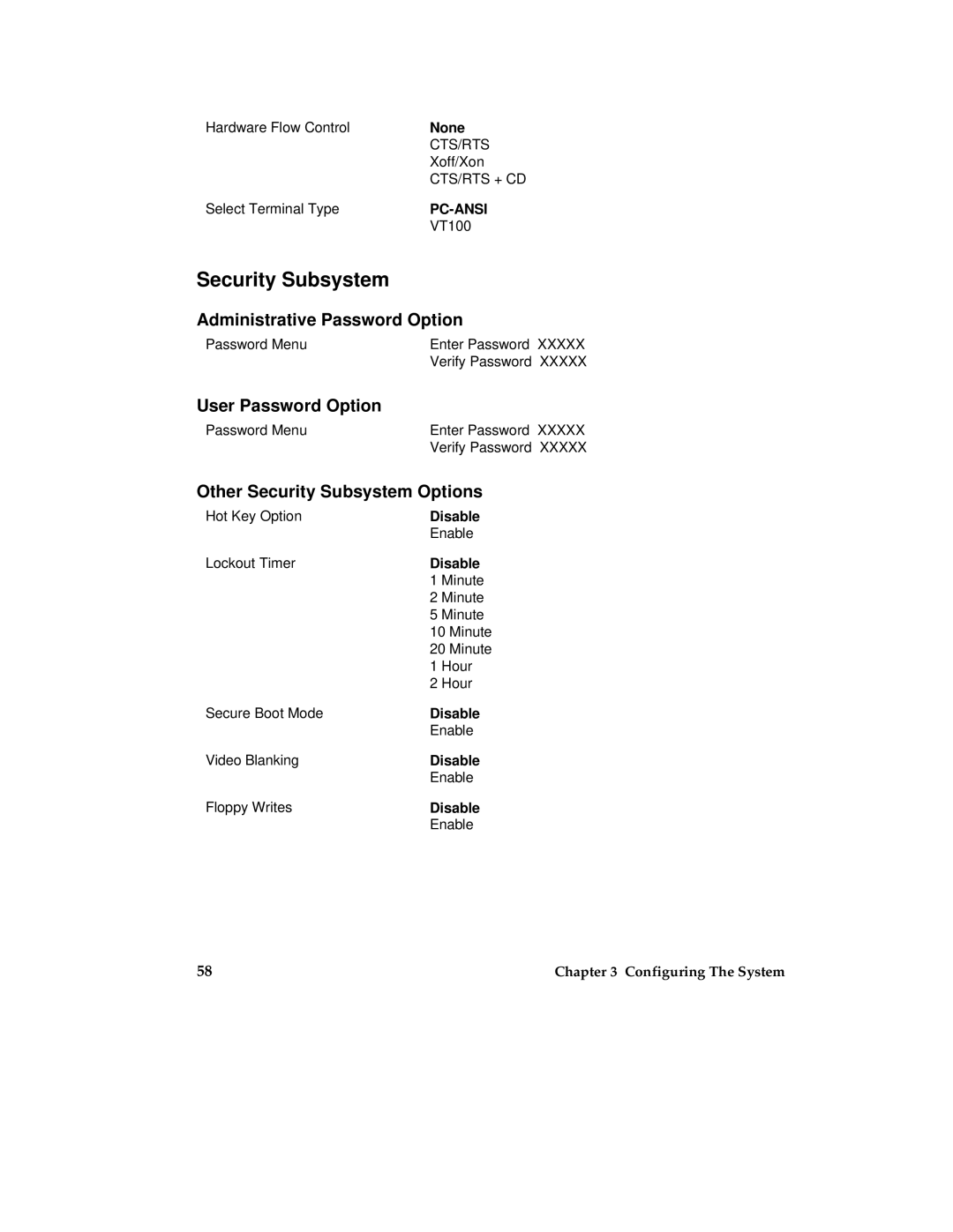 Intel MB440LX manual Administrative Password Option, User Password Option, Other Security Subsystem Options, None 