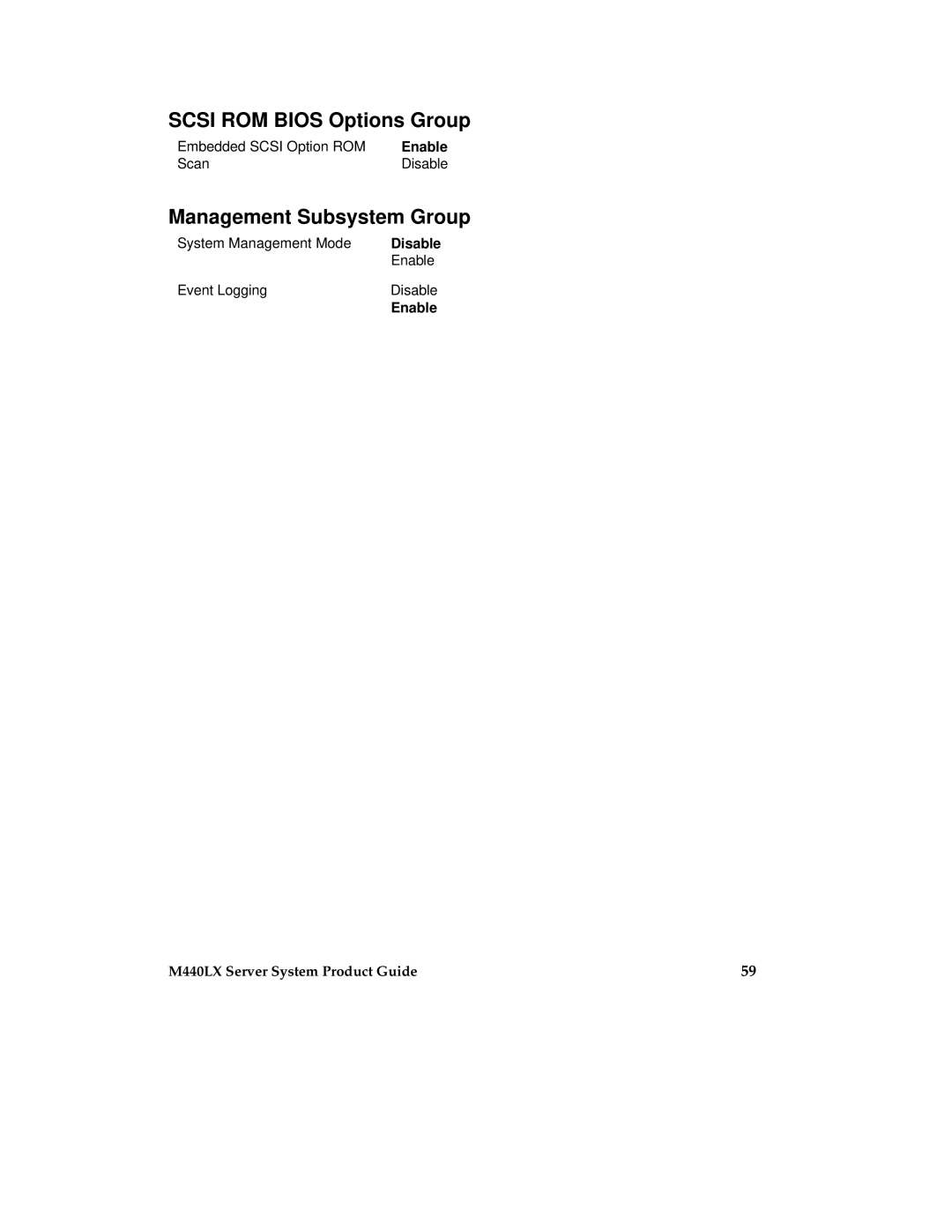 Intel MB440LX manual Scsi ROM Bios Options Group, Management Subsystem Group 