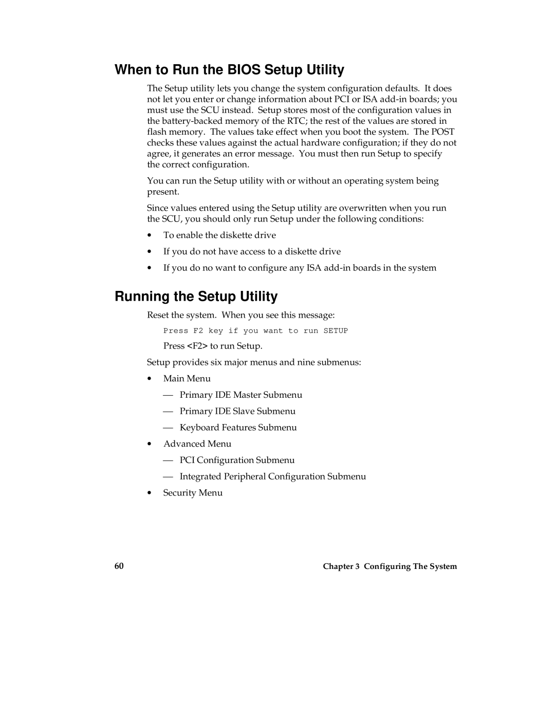 Intel MB440LX manual When to Run the Bios Setup Utility, Running the Setup Utility 