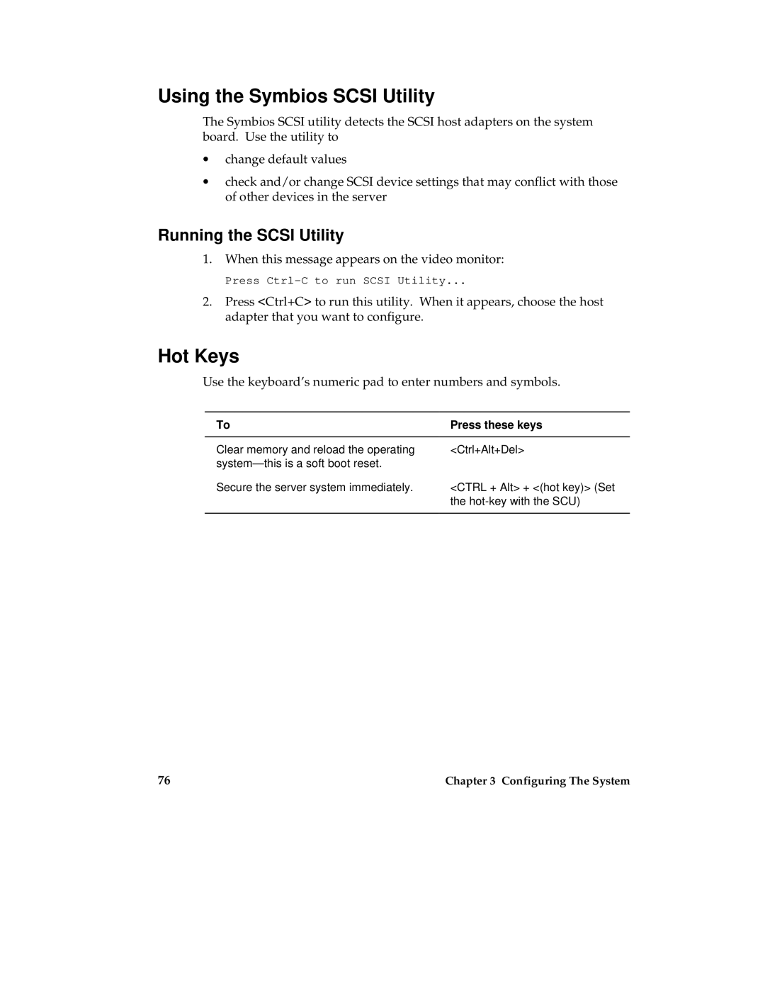 Intel MB440LX manual Using the Symbios Scsi Utility, Hot Keys, Running the Scsi Utility, Press these keys 